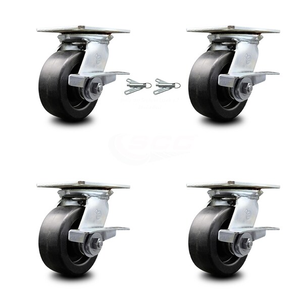Service Caster 5 Inch Polyolefin Caster Set with Roller Bearing 4 Brake and 2 Swivel Lock SCC SCC-35S520-POR-SLB-BSL-2-SLB-2 - main